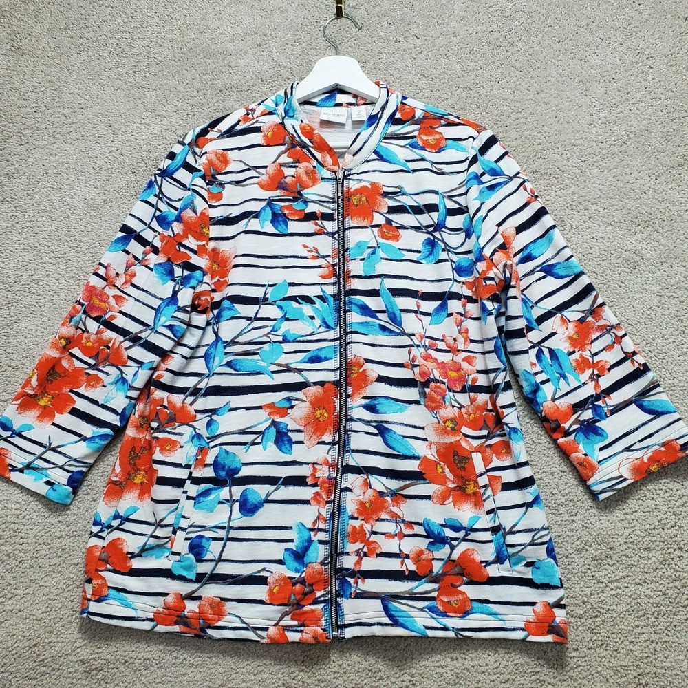 Weekends by Chico's Jacket Women 2 (L) Blue Multi Floral Stripe Activewear Comfy